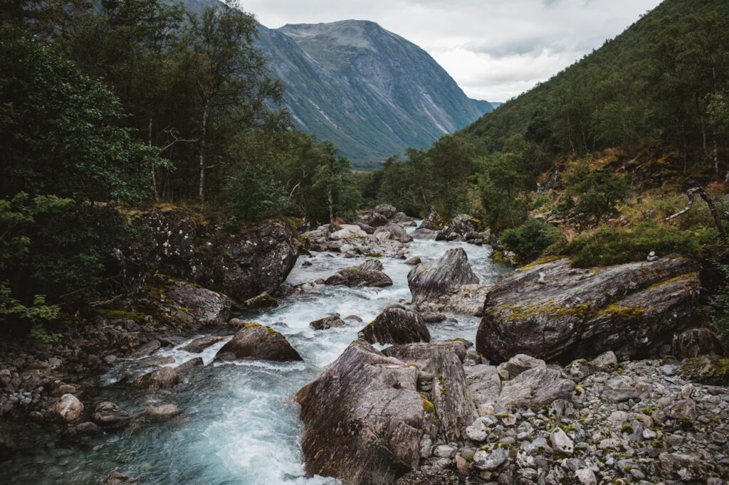Mountain river flowing rapidly over rocks and boulders, surrounded by dense green forest and steep cliffs in the distance.